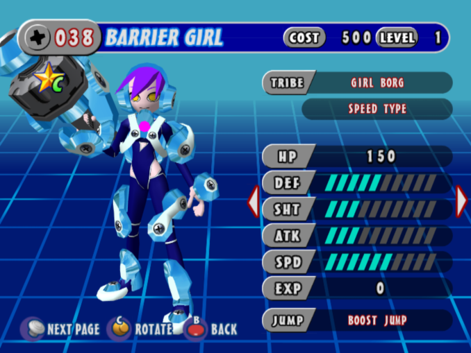 She looks like Mega Man, except with pink/violet hair.