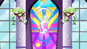 Celestia and Luna depicted on stain glass defeating Discord S02E01
