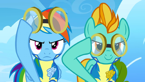 Lightning Dust and Rainbow Dash determined and about to put goggles on S3E7