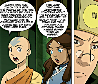 Aang and Katara talking to Kuei