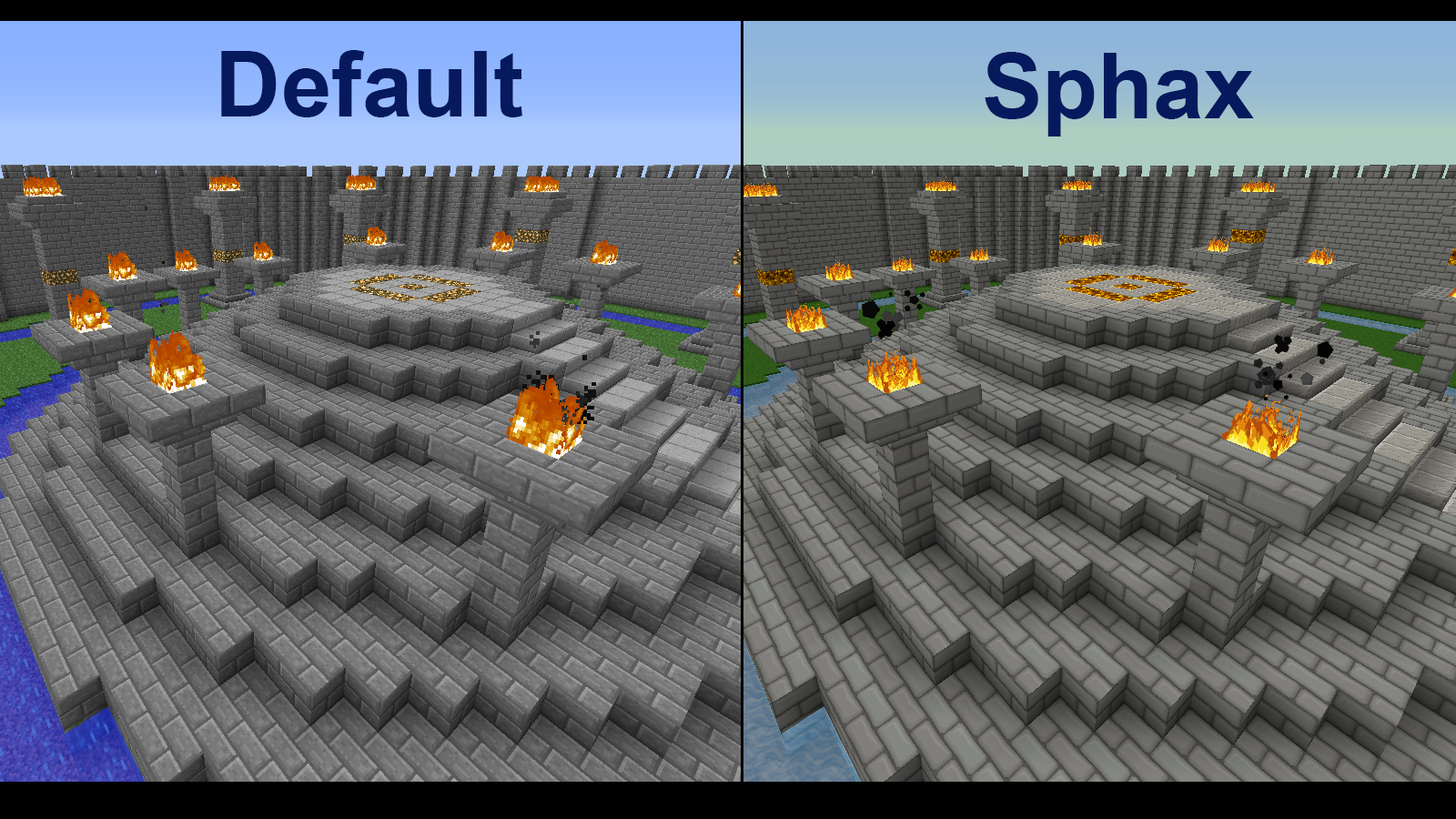 A comparison between Default and Sphax texture pack.