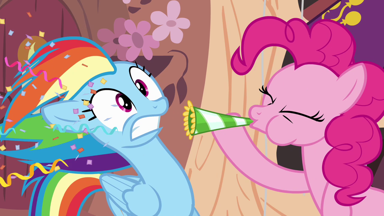 Pinkie_Pie_blows_party_horn_in_Rainbow's_face_S4E04.png (1280×720)