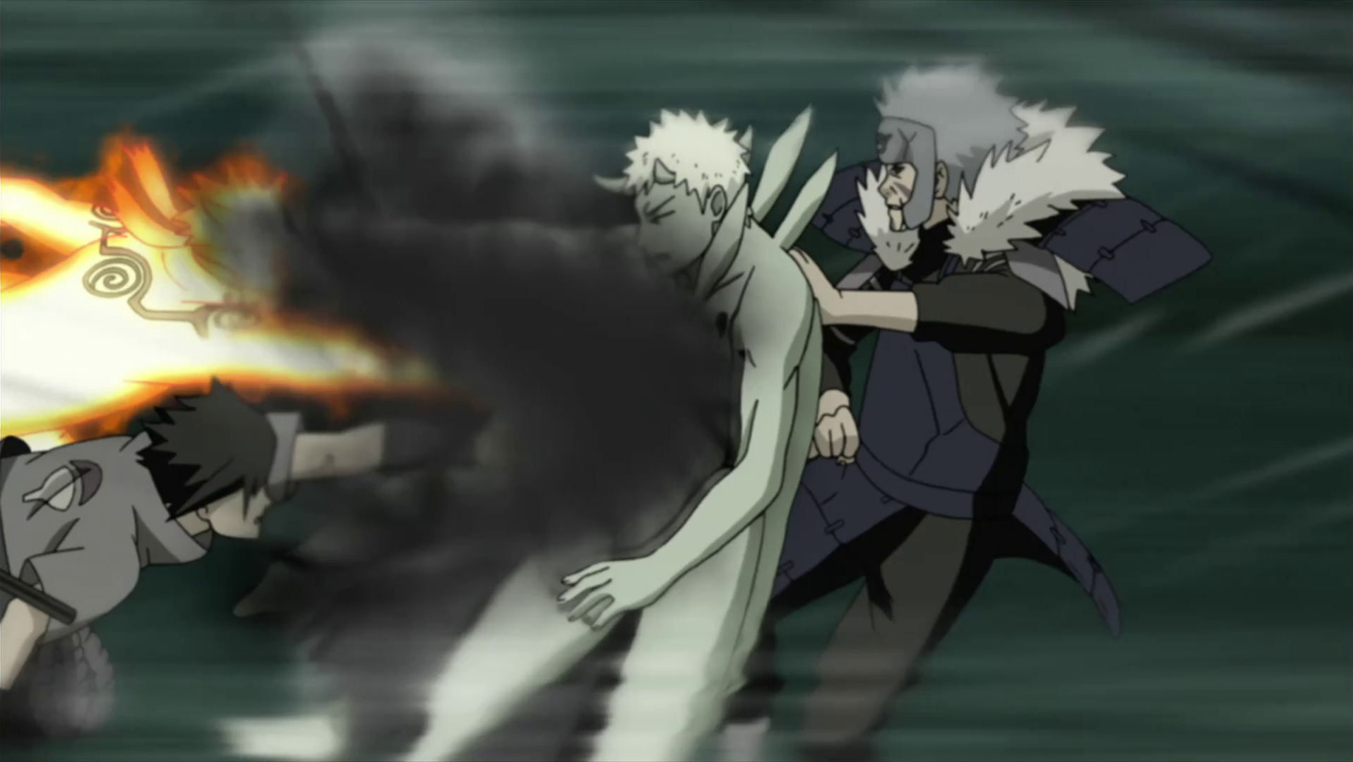 Sasuke and Naruto attack Obito. 