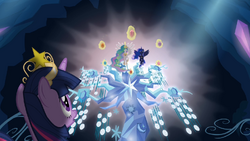 Twilight looking at Celestia and Luna with the Elements of Harmony S4E02