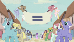 Creepy smiling ponies with equals sign banner S5E1